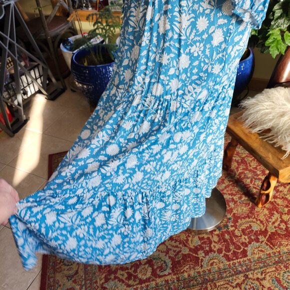 25152 Beautiful Turquoise 3 Tier maxi dress 3/4 Sleeve - Picture 4 of 12